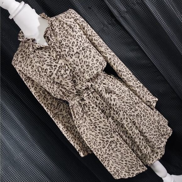 NWOT! ANN TAYLOR LOFT! BEIGE, CREAM, BROWN LEOPARD CHIFFON FLUTTERY DRESS! SZ 4 - Picture 1 of 11
